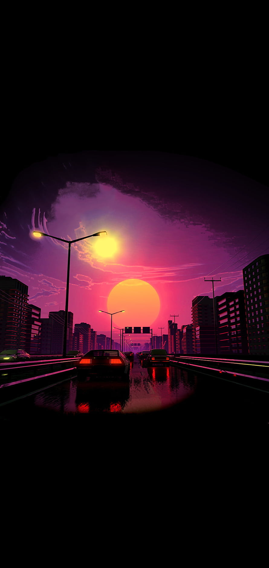 Cyberpunk City Highway at Dusk with Neon Sunset and Retro Cars HD phone wallpaper