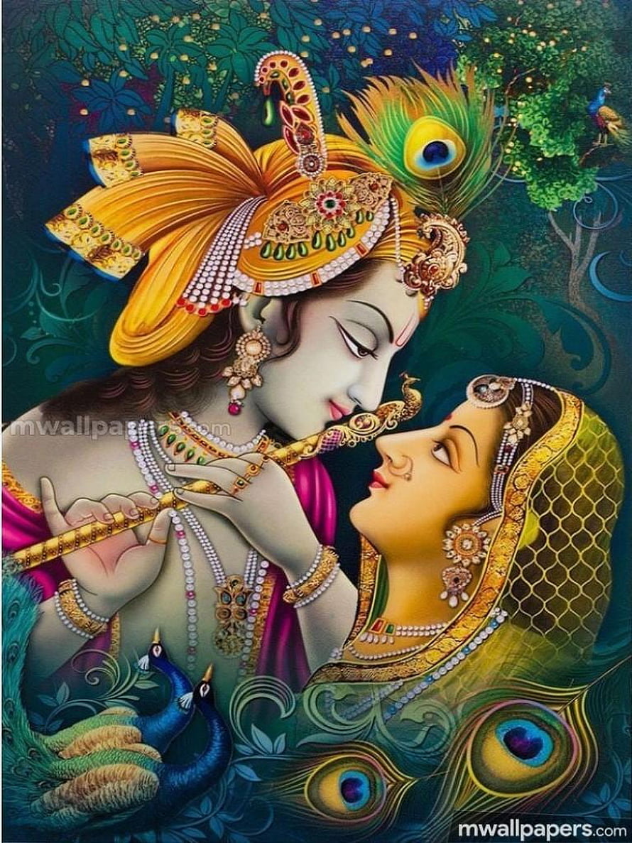 Radha Krishna Playing Flute in Peacock Garden with Traditional Indian Jewelry HD phone wallpaper