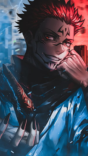 Sukuna from Jujutsu Kaisen in a dramatic dark anime portrait with glowing red eyes and spiky hair HD phone wallpaper