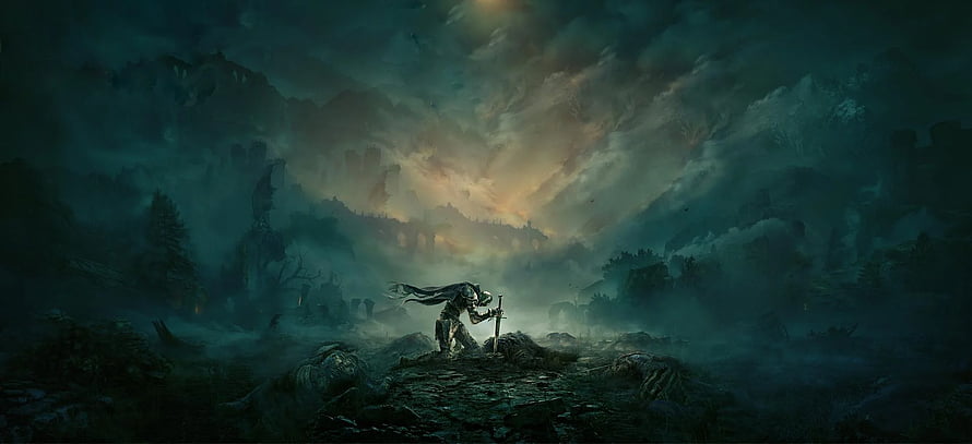 Elden Ring Knight Standing in Misty Dark Fantasy Landscape HD wallpaper