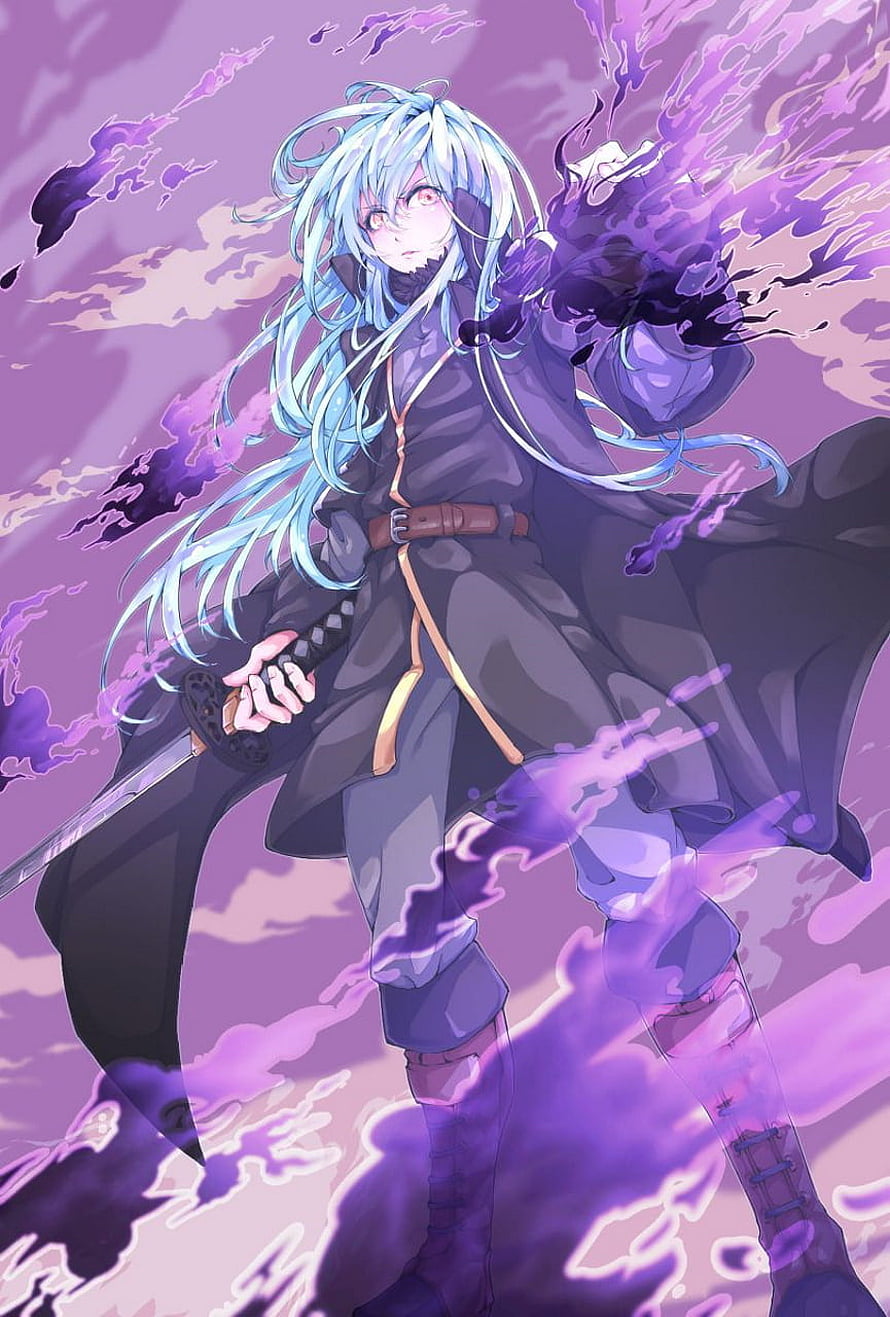Rimuru Tempest wielding a katana with swirling purple energy in dark fantasy anime style HD phone wallpaper