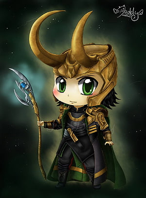 Chibi Loki from Marvel Studios in Golden Horned Helmet and Green Cape Holding Gungnir Spear HD phone wallpaper