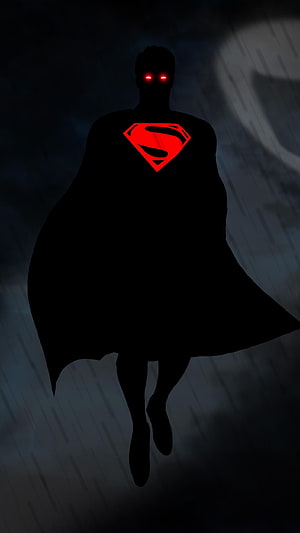 Dark Superman Silhouette with Glowing Red Eyes and Emblem in Rainy Night, Superman Dark , Black Superman HD phone wallpaper
