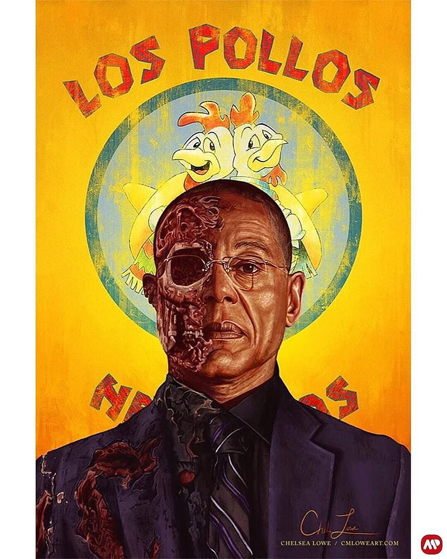 Gus Fring Portrait with Los Pollos Hermanos Logo and Half-Skull Face HD phone wallpaper