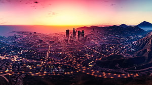 Los Santos Cityscape at Sunset in GTA V with Glowing Skyline and Mountain Silhouettes HD wallpaper
