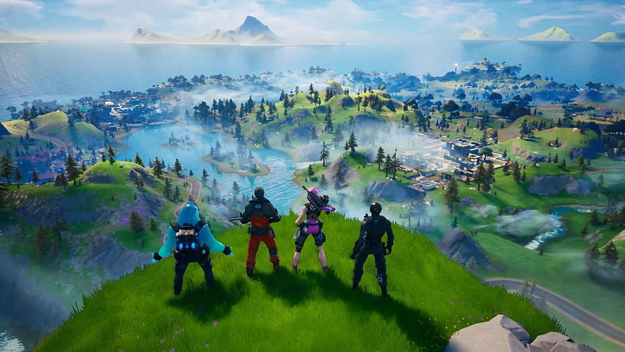 Fortnite Squad Standing on Hilltop Overlooking Vibrant Island Map and Waterways HD wallpaper