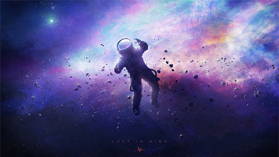 Astronaut Floating in Vibrant Purple Nebula with Scattered Asteroids and Cosmic Dust HD wallpaper
