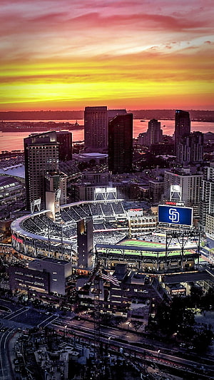 San Diego Padres Petco Park Stadium at Sunset with City Skyline and Harbor View HD phone wallpaper