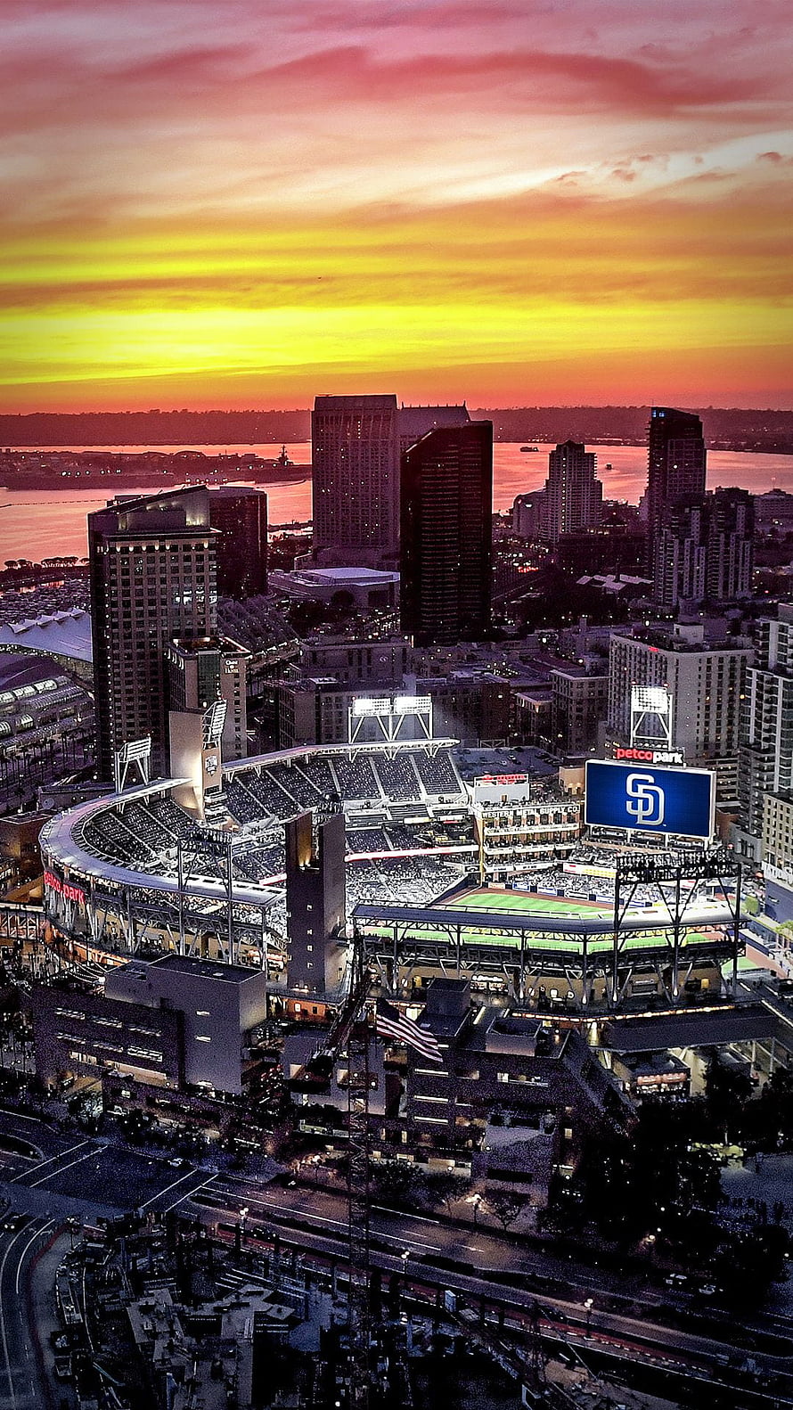 San Diego Padres Petco Park Stadium at Sunset with City Skyline and Harbor View HD phone wallpaper