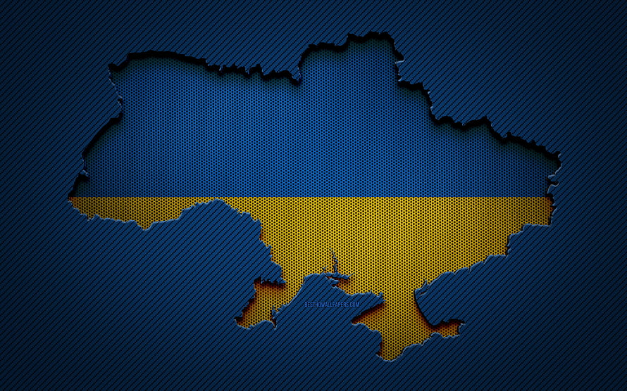Ukraine Country Map Silhouette Filled With National Flag Colors on Dark Blue Carbon Fiber Texture HD wallpaper