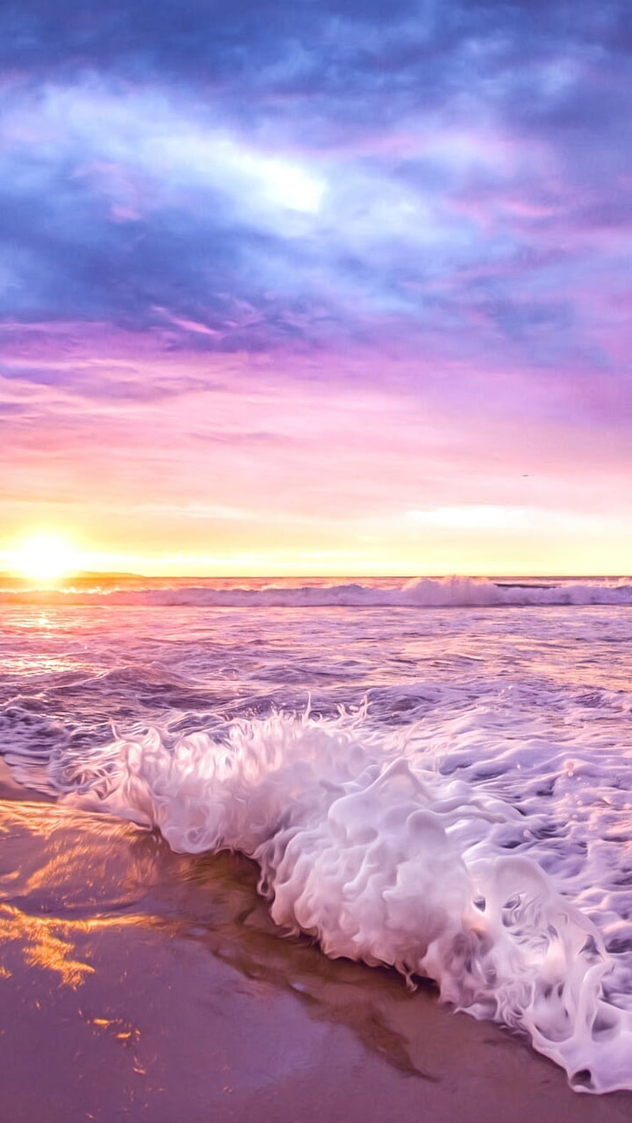 Pastel Sunset Beach with Gentle Waves and Vibrant Sky HD phone wallpaper