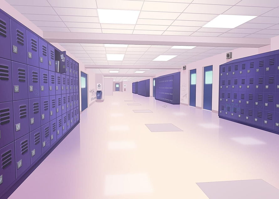 Anime School Hallway with Purple Lockers and Soft Pink Lighting HD wallpaper