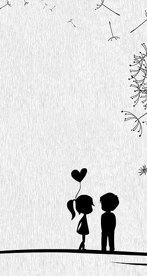 Minimalist Black Silhouette of a Cute Couple with Heart Balloon and Dandelion Seeds HD phone wallpaper