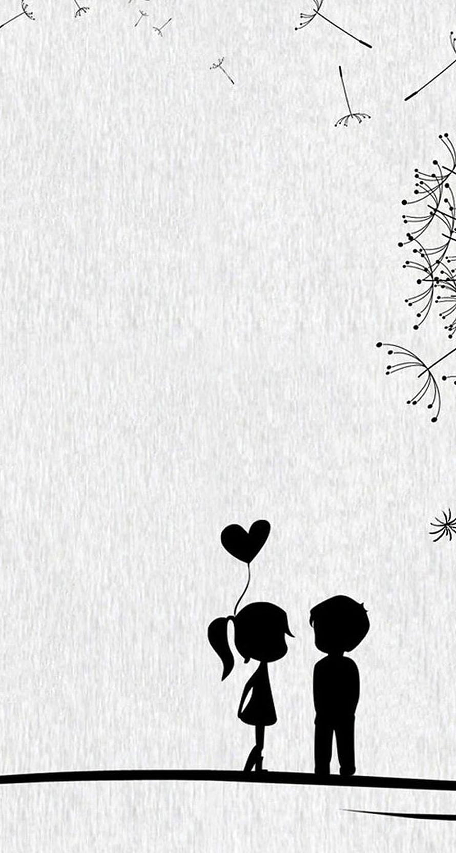 Minimalist Black Silhouette of a Cute Couple with Heart Balloon and Dandelion Seeds HD phone wallpaper