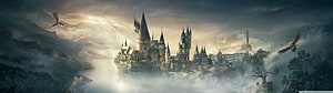 Hogwarts Castle Rising from Misty Mountains with Dragons in Cinematic Fantasy Landscape HD wallpaper