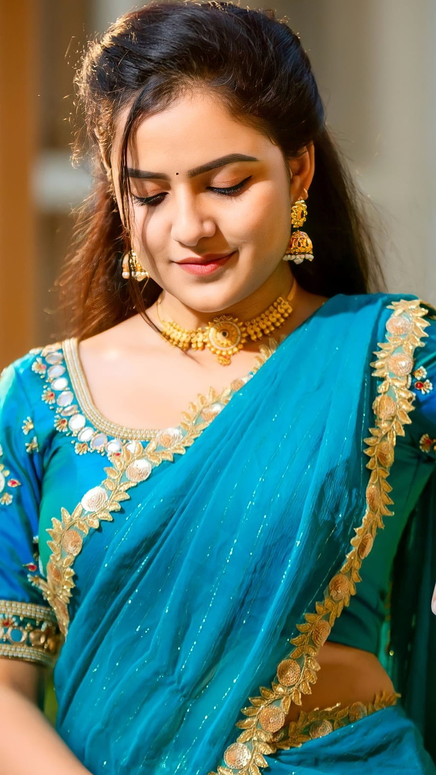 Vaishnavi Chaithanya in a Teal Silk Saree with Gold Zari Border and Traditional Jewelry HD phone wallpaper