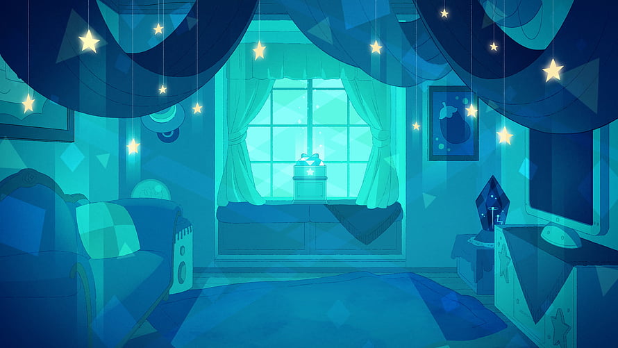 Bee And Puppycat Cozy Bedroom Interior With Starry Night Sky And Soft Blue Lighting HD wallpaper