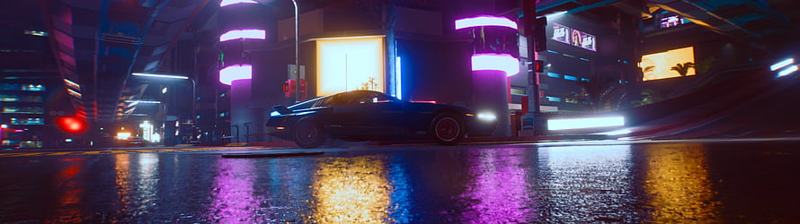 Cyberpunk 2077 Night City Street Scene with Neon Lights and Sports Car HD wallpaper