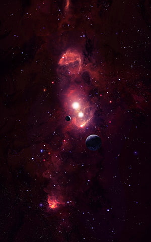 Vibrant Red Nebula and Distant Planets in Deep Space HD phone wallpaper