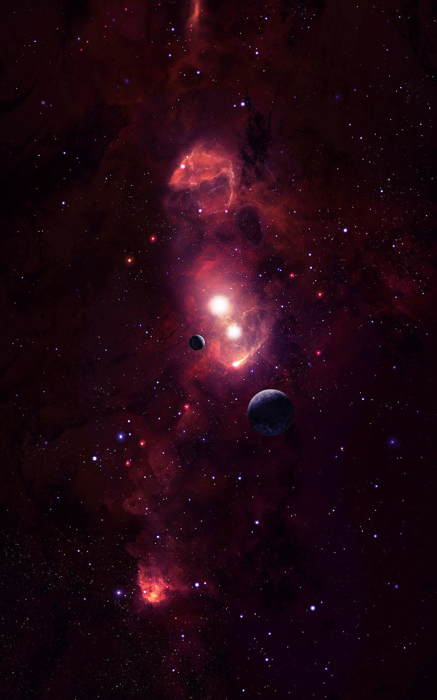 Vibrant Red Nebula and Distant Planets in Deep Space HD phone wallpaper