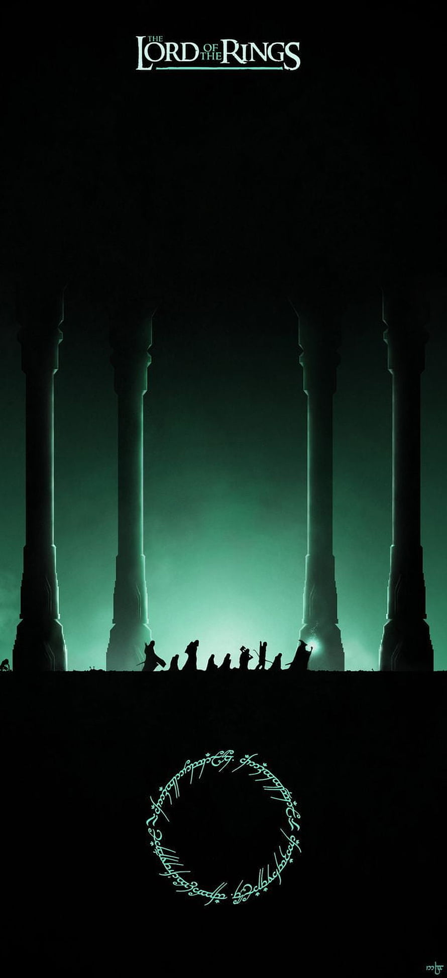 The Lord of the Rings Fellowship Silhouettes in Dark Hall with Green Glow HD phone wallpaper