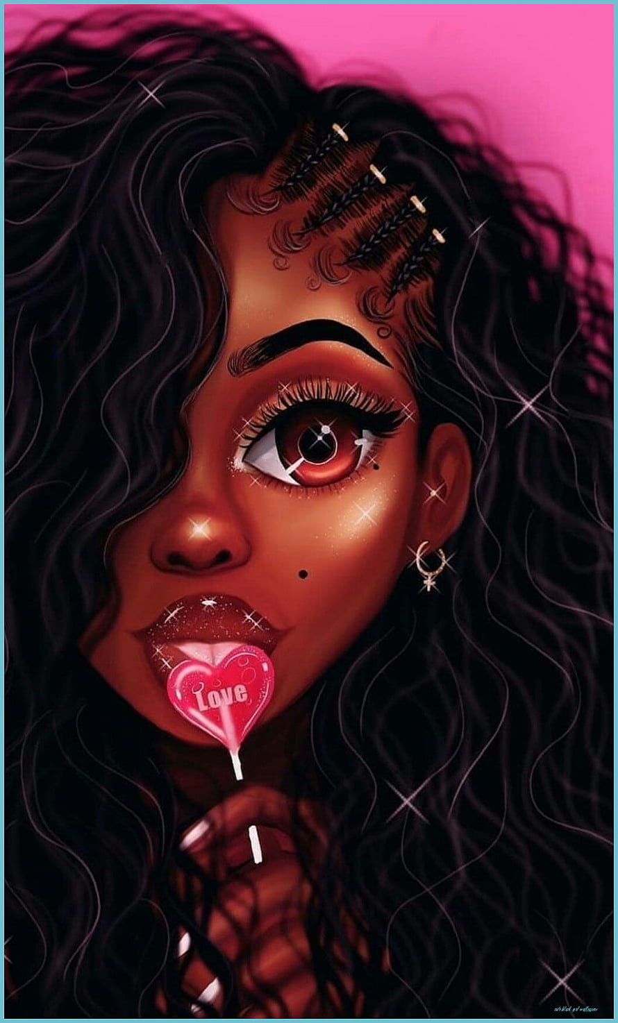 Stylized digital illustration of a woman with curly hair holding a heart-shaped lollipop against a pink background, Cute Black Girl - Top Cute Black Girl Background - Cute Black Girl, Black Girl Baddie HD phone wallpaper
