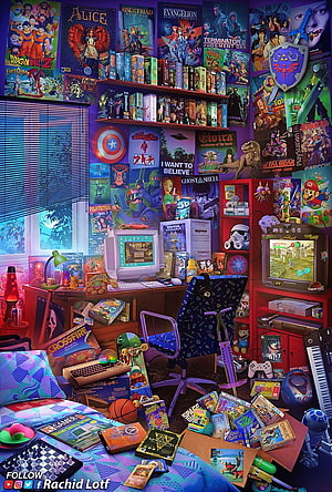 Vibrant 90s Retro Gaming Bedroom with Vintage Consoles and Nostalgic Pop Culture Posters HD phone wallpaper
