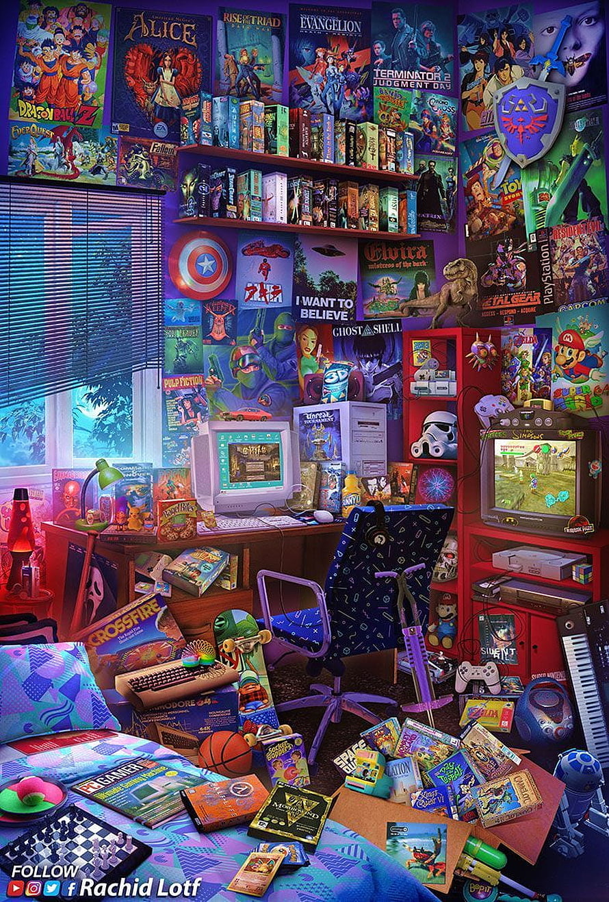 Vibrant 90s Retro Gaming Bedroom with Vintage Consoles and Nostalgic Pop Culture Posters HD phone wallpaper