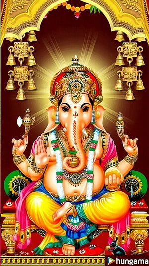 Lord Ganesha Seated on Lotus Throne with Golden Bells and Sacred Symbols HD phone wallpaper