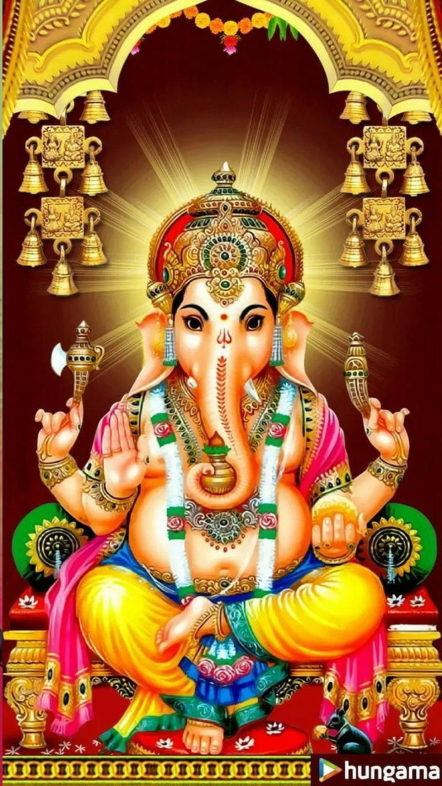 Lord Ganesha Seated on Lotus Throne with Golden Bells and Sacred Symbols HD phone wallpaper
