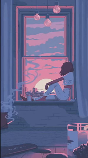 Girl Sitting on Windowsill Watching Sunset Over City in Lofi Style HD phone wallpaper
