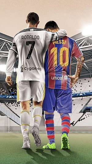 Ronaldo and Messi Walking Together on the Football Pitch in Stadium HD phone wallpaper
