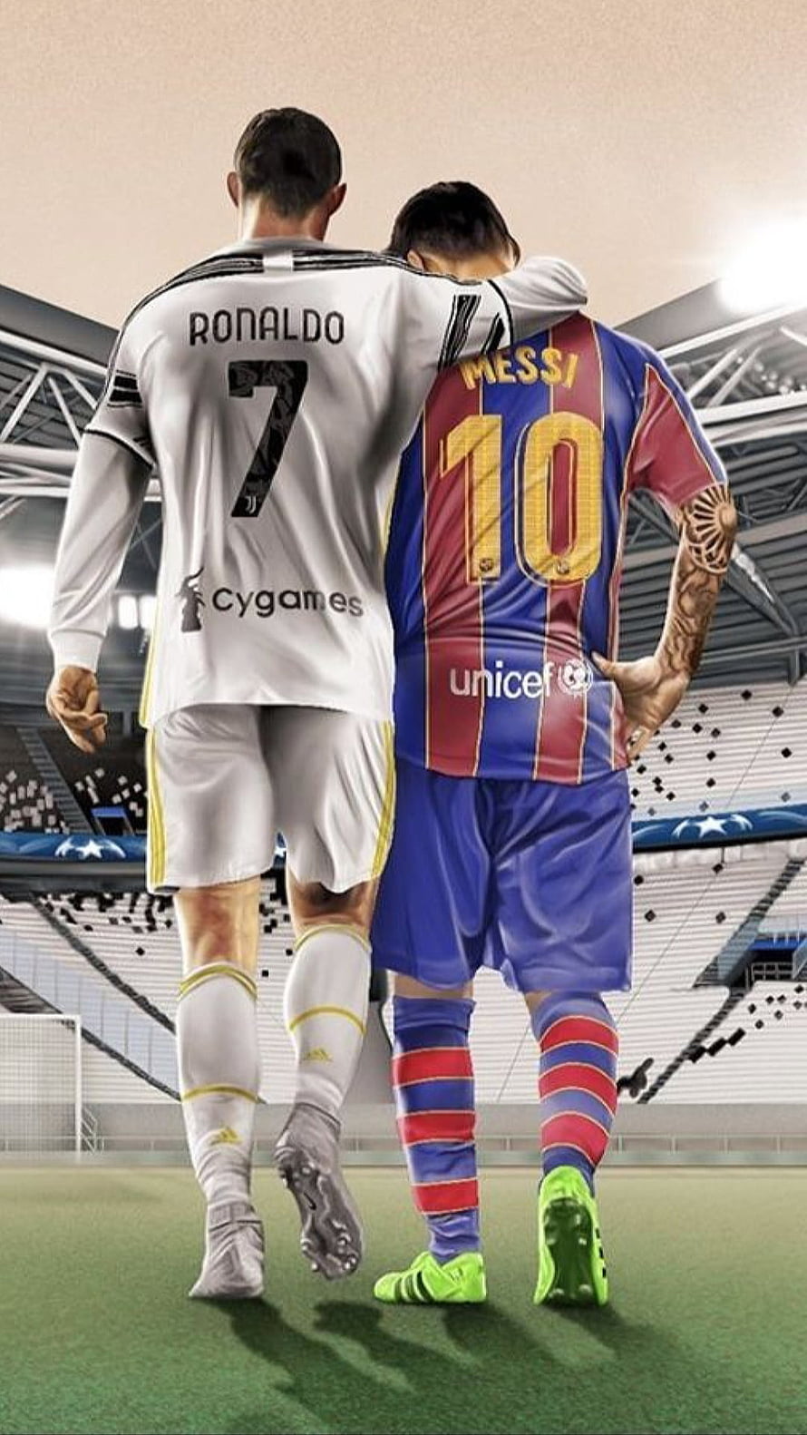 Ronaldo and Messi Walking Together on the Football Pitch in Stadium HD phone wallpaper