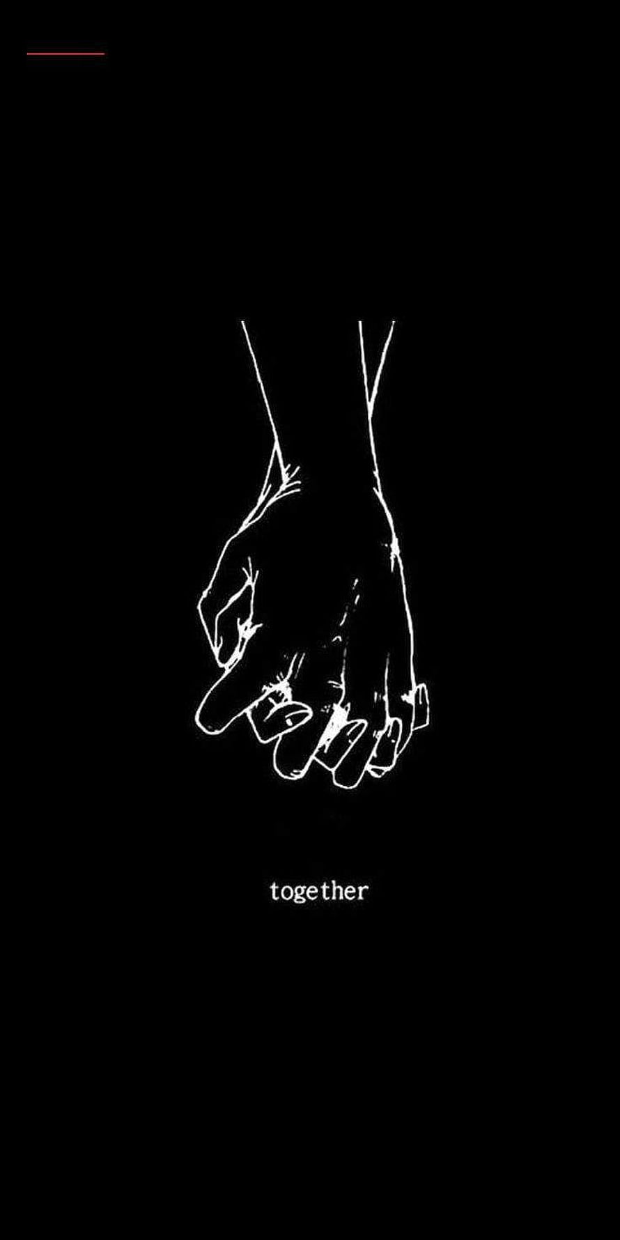 Minimalist White Line Art of Interlocked Hands on Black Background with Together Text HD phone wallpaper