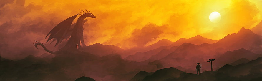 Silhouetted Dragon and Wanderer in a Fiery Mountain Sunset Landscape HD wallpaper