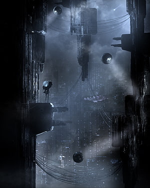 Dark Cyberpunk Cityscape with Floating Spheres and Lone Figure on a Futuristic Platform HD phone wallpaper