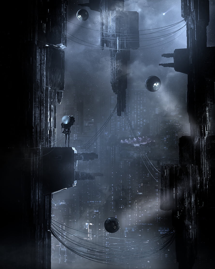 Dark Cyberpunk Cityscape with Floating Spheres and Lone Figure on a Futuristic Platform HD phone wallpaper