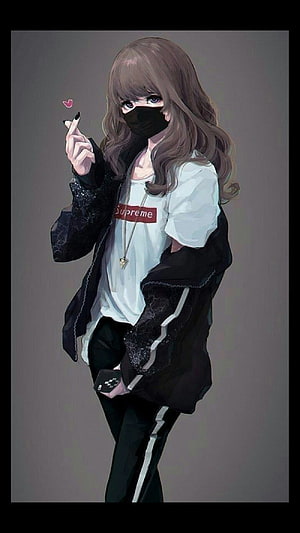 Anime Girl in Streetwear Wearing Black Face Mask and Supreme T-Shirt HD phone wallpaper