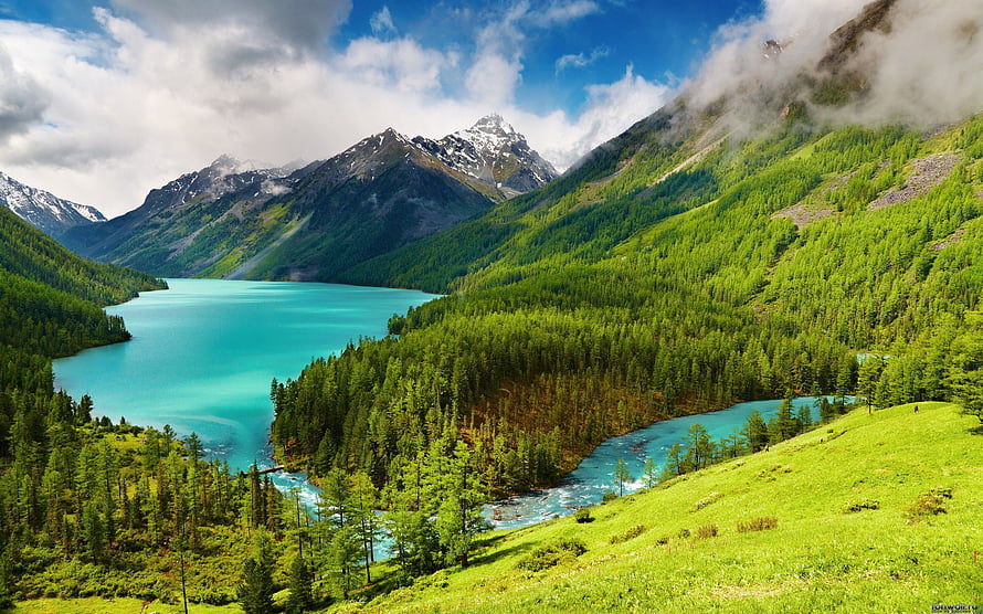Turquoise Alpine Lake Surrounded by Lush Green Forests and Snow-Capped Mountains HD wallpaper