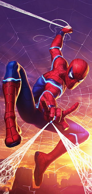 Spider-Man Swinging Through City Skyline at Sunset with Glowing Web Lines HD phone wallpaper