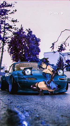 Anime Girl Crouching Beside Blue JDM Sports Car in Street Scene HD phone wallpaper