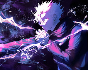 Satoru Gojo from Jujutsu Kaisen in a dramatic purple and pink anime illustration HD wallpaper