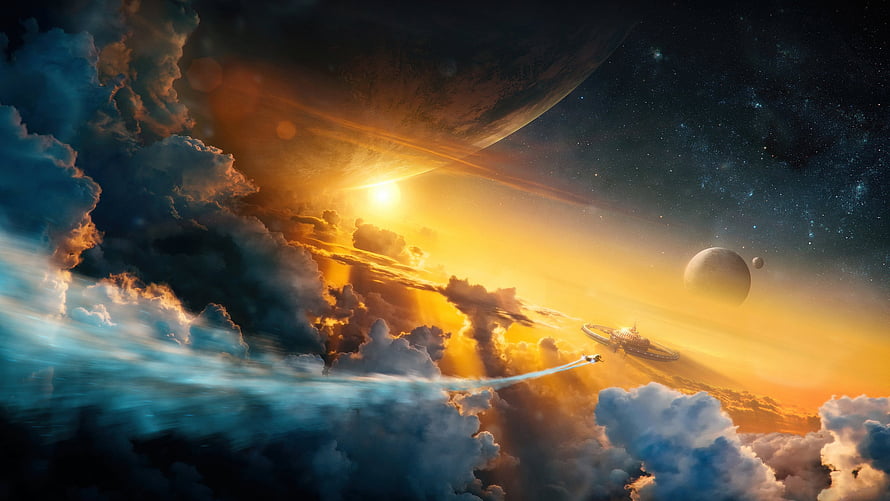 Epic Space Art with Golden Sun, Clouds, and Distant Planets HD wallpaper