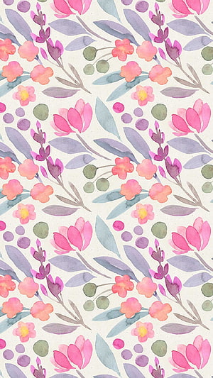 Pastel Watercolor Floral Pattern with Pink Tulips and Lavender Leaves HD phone wallpaper