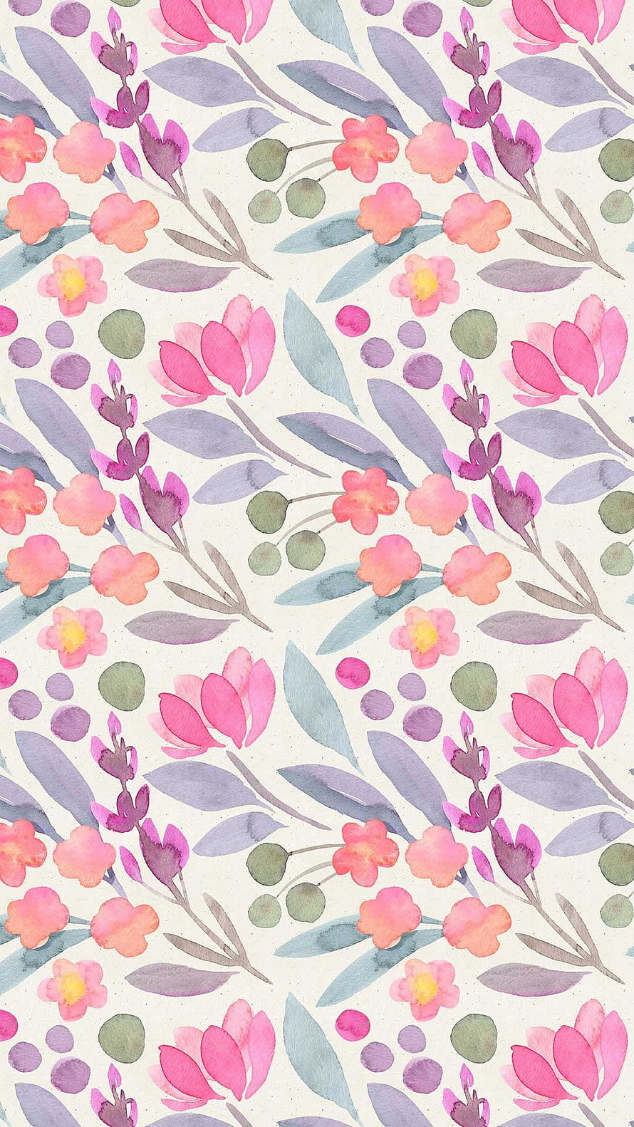 Pastel Watercolor Floral Pattern with Pink Tulips and Lavender Leaves HD phone wallpaper
