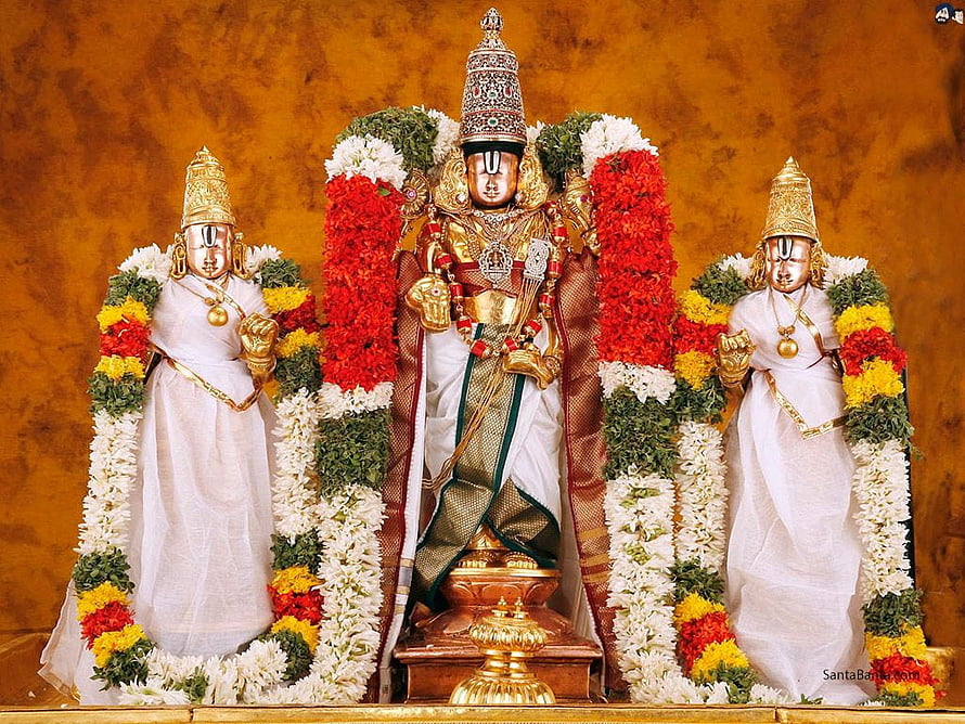 Lord Venkateswara Deity at Tirumala Temple with Flower Garlands and Attendants HD wallpaper