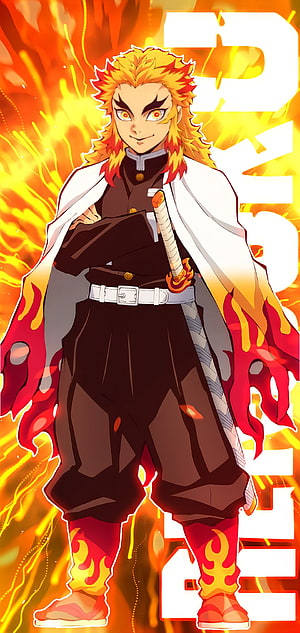 Rengoku Kyojuro from Demon Slayer Standing in a Fiery Blaze with Arms Crossed HD phone wallpaper