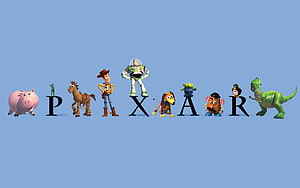 Pixar Toy Story Characters Spelling Out Studio Name on Blue Background HD wallpaper