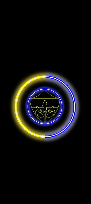Fenerbahce Neon Crest Emblem With Glowing Yellow And Blue Rings On Black Background HD phone wallpaper