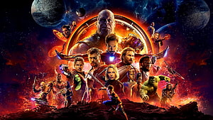 Avengers Infinity War Ensemble Cast Poster Featuring Thanos and the Infinity Gauntlet in Cosmic Space HD wallpaper